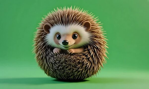 Adorable 3D Render of a Cute Hedgehog Curled into a Ball on a Green Background