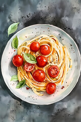 White dish with pasta, tomatoes and basil on a grey background. Watercolor illustration