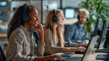 Young adults engaged in focused work at a modern office with computers and headphones in a collaborative environment