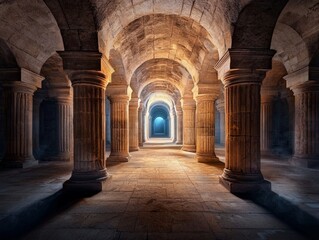 Fototapeta premium Enchanted Hidden Corridors of a Forgotten Palace Illuminated by Flickering Lights, Evoking Mystery and Intrigue in an Ancient Setting