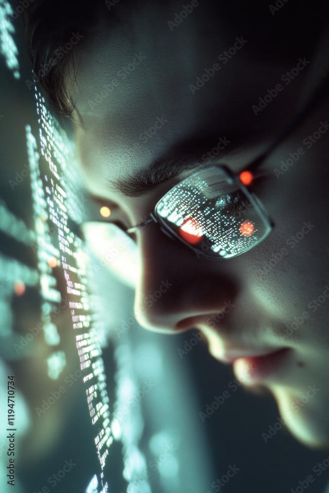 Aufkleber Close-up shot of a person viewing a computer screen with focus on their expression and eye contact
