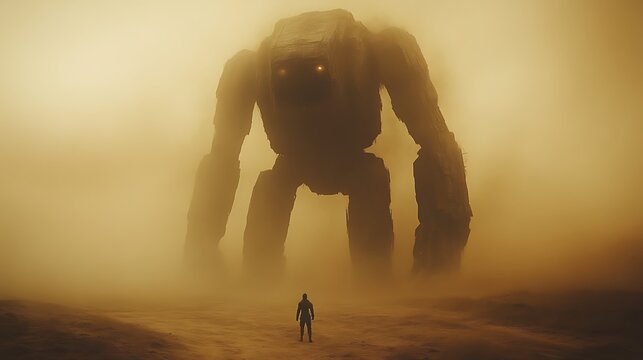 Giant robot looms over lone figure in desert dust storm. - Powered by Adobe