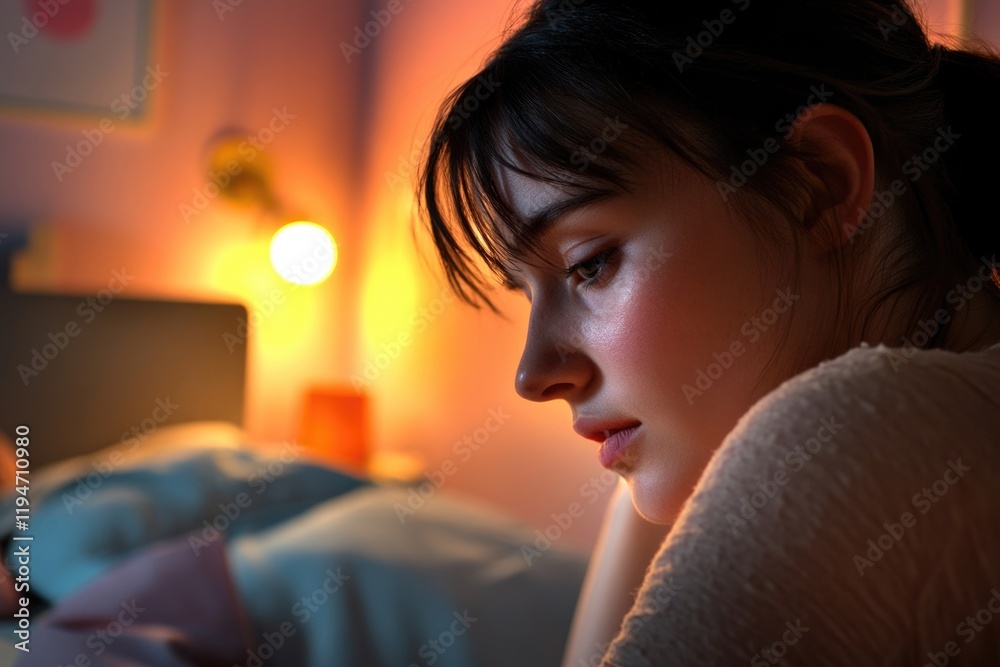 Poster a person sits on a bed holding a cell phone, possibly reading or scrolling through it