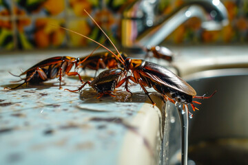 A group of large cockroaches sit on the kitchen dishwashing fauc