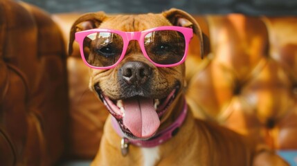 Obraz premium Happy dog sunglasses couch indoors portrait