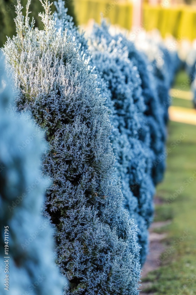Poster a row of blue bushes in a park setting, perfect for use in landscape or nature-based designs