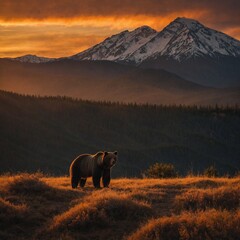 A bear silhouetted against the glowing orange hues of a mountain sunrise.