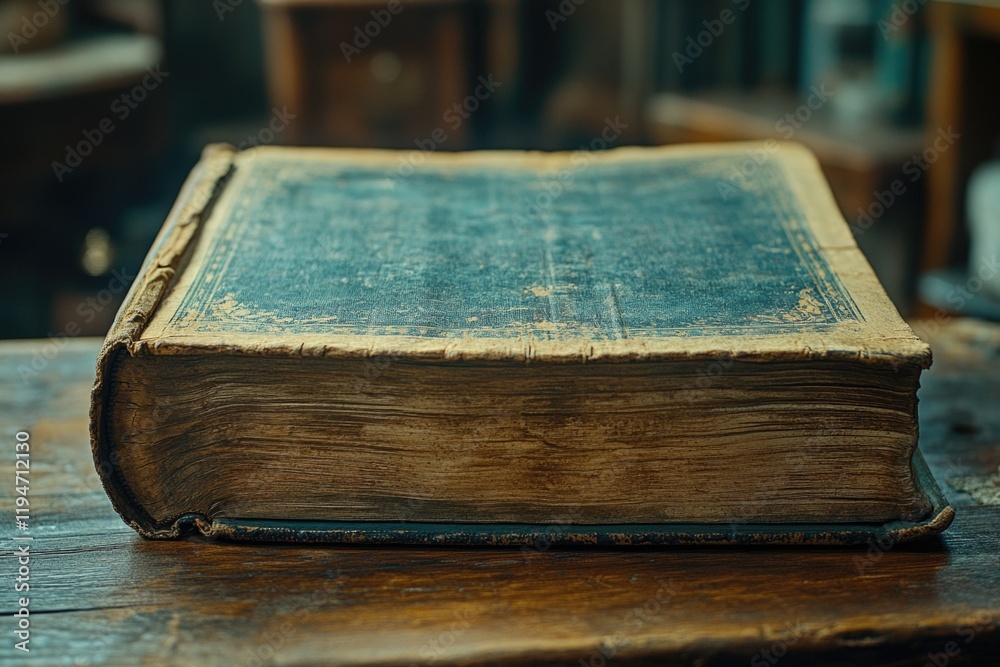 Poster an old book sits on a wooden table, ready for reading or display