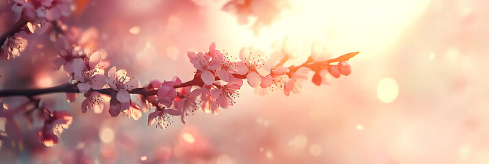 Obraz premium Spring border with pink blossom, blooming tree and sun flare, beautiful nature scene in high definition, amazing details, perfect composition.