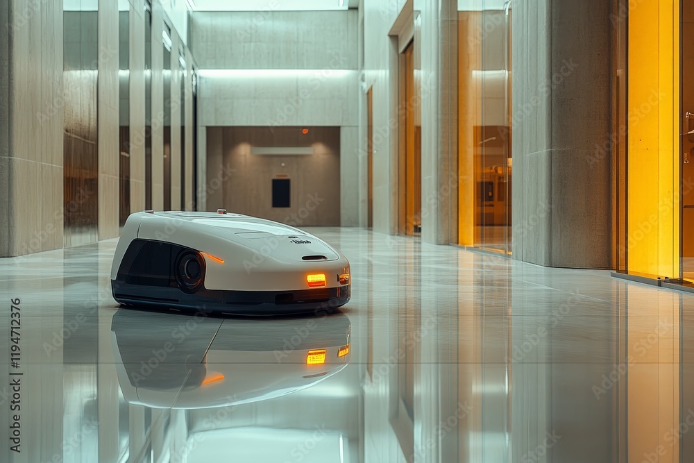Aufkleber An autonomous robot glides through a modern hallway, illuminated by bright lights, highlighting the blend of innovation and functional design in a sleek environment.