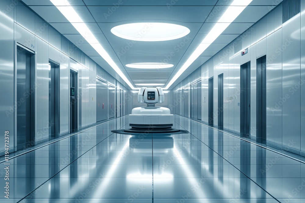 Aufkleber An advanced robot makes its way through a sleek, metallic futuristic hallway, symbolizing the integration of cutting-edge robotics and human-designed architecture.