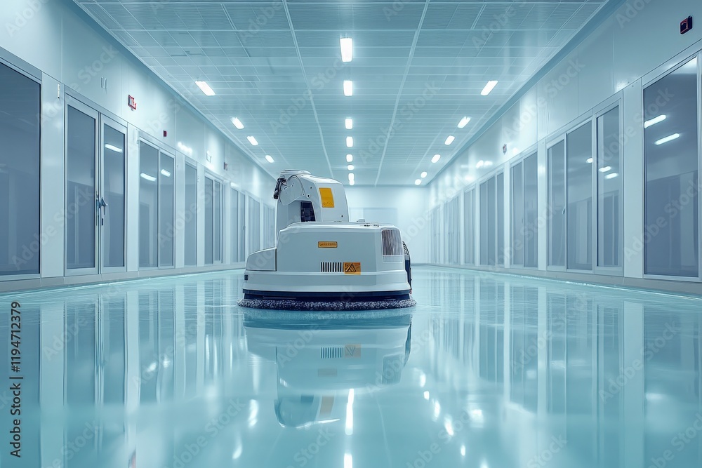 Aufkleber A robotic cleaner glides through a high-tech corridor, characterized by bright lighting and an environment that merges futuristic design with advanced automation.