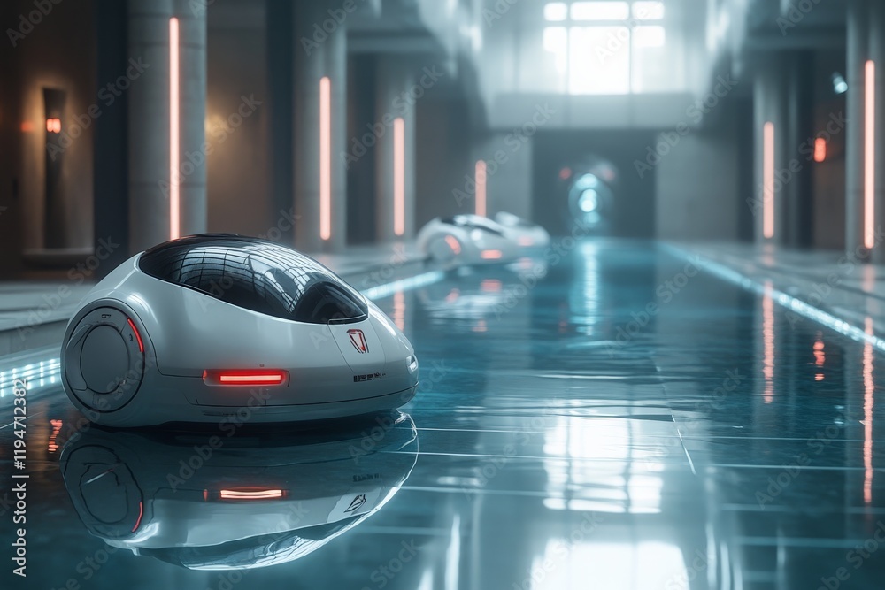 Aufkleber Futuristic robots navigate a sleek, modernistic hallway, creating an atmosphere of technological advancement infused with smooth surfaces and ambient lighting.