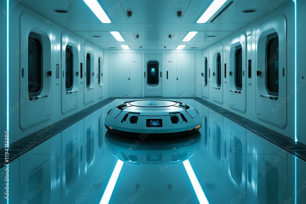 Poster a futuristic cleaning robot positions within a high-tech facility corridor, capturing a scene of adv