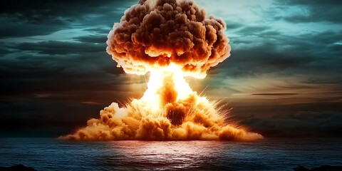 Explosion of a nuclear bomb in the ocean, showcasing incredible details and perfect composition in high-definition, capturing the raw power of the blast and the vastness of the sea, with stunning visu