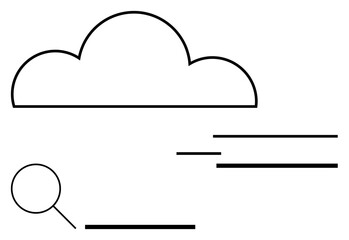 Cloud with magnifying glass analyzing data lines. Ideal for cloud computing, data search, technology concepts, online storage, data flow, digital analysis, abstract line flat metaphor
