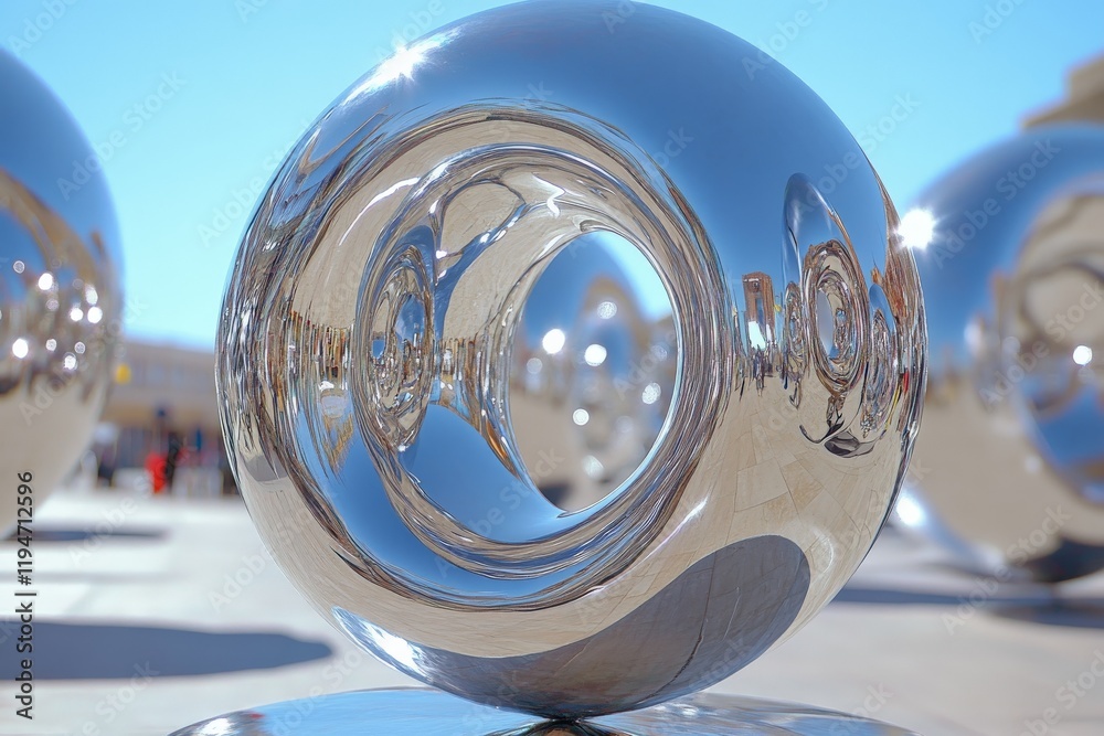 Poster chrome spheres gleam under bright sunlight, creating reflections and distorting reality. an art piec