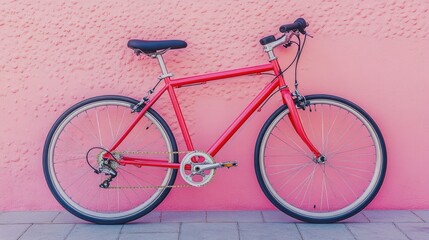 Fototapeta premium A red bicycle leans against a bright pink wall