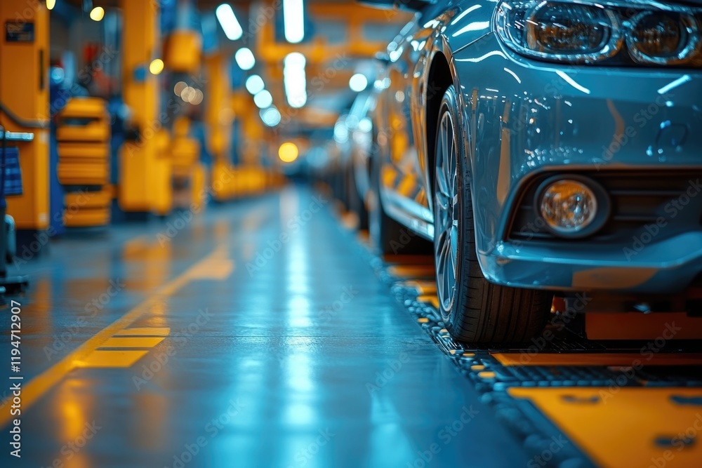 Poster a car is parked on an assembly line, ready for production and testing