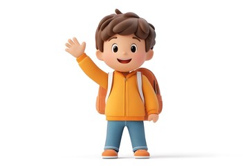 Fototapeta premium Cheerful 3D Cartoon Boy Waving With Backpack on Bright Colored Background