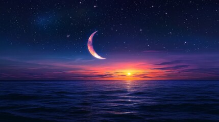 Crescent Moon Over Ocean Sunset Starry Night