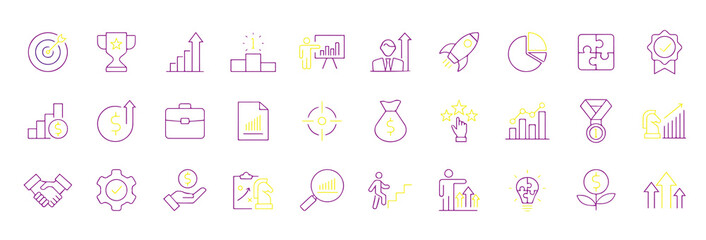 Success line icon set. Set of 30 outline icons related to progress, career, growth, profit and others. Vector illustration