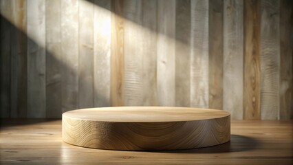 Wooden Round Display Platform with Light Beam on Wooden Background