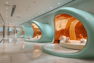 Luxurious futuristic pods with bright orange interiors provide a cozy, modern space for dogs, exemplifying high-end comfort and contemporary pet care design.