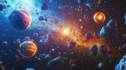 Celestial Bodies Orbiting Amidst Asteroids and Nebulae