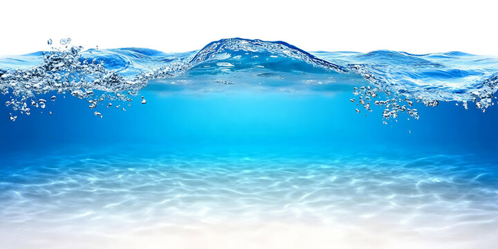 Stunning underwater panorama of blue ocean waves, sandy sea bottom, and isolated white background with amazing details, perfect for aquatic or marine-themed designs.