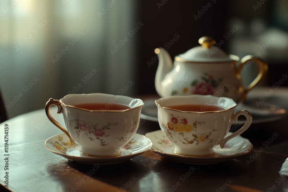 Poster two ceramic tea cups sit on a wooden table with a rustic background