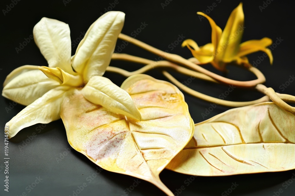 Poster a close-up view of two bright yellow leaves placed on a table