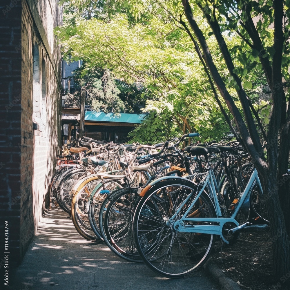 Poster row of bicycles parked next to a modern building