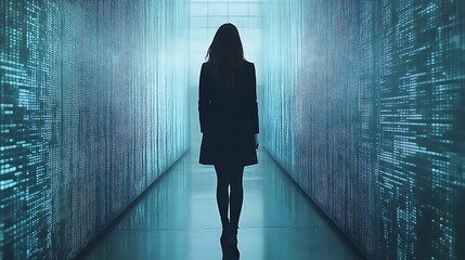 Woman silhouetted in futuristic data corridor.
