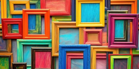 Vibrant collage of colorful picture frames in various sizes arranged against a textured background showcasing energetic hues of red, blue, green, and yellow.