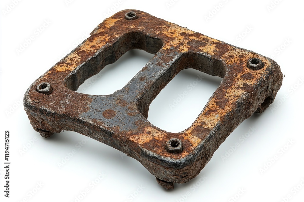 Poster A close-up of a rusty metal object placed on a clean white surface, great for adding texture and interest to designs