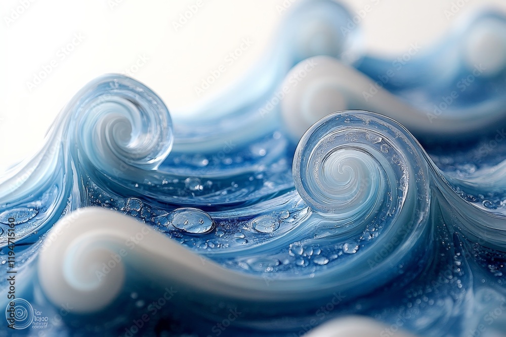 Poster intricately designed resin structures form stylized waves, showcasing delicate water textures and a 