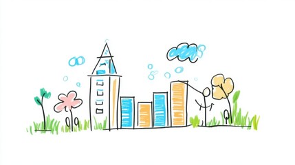 Playful Hand-drawn Cityscape Illustration Featuring Building, Trees, Clouds, and Flowers in Vibrant Colors