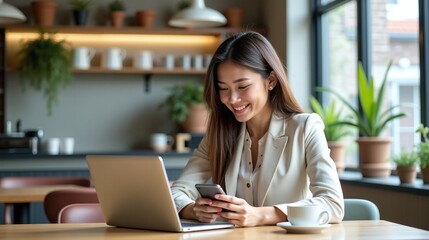Fototapeta premium Professional woman working in cafe laptop smartphone business