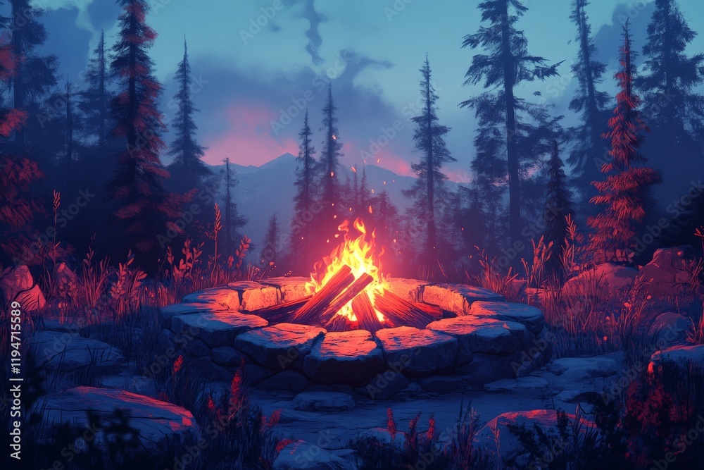 Poster an enchanting campfire casts its radiant light in a twilight pine forest, silhouetting surrounding t