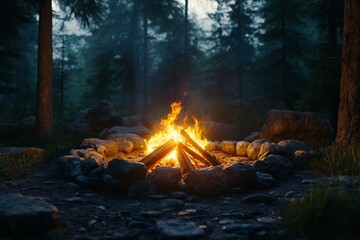 A vivid campfire burns amidst towering trees in a dense forest, offering warmth and light within a tranquil atmosphere deep in the natural wilderness.