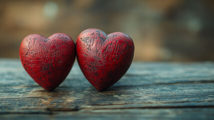 Fototapeta premium A pair of red hearts against a wooden background Valentine's Day
