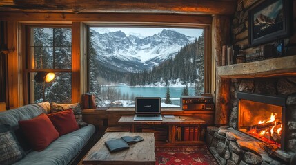 Fototapeta premium Cozy Cabin Getaway: Mountain Lake View