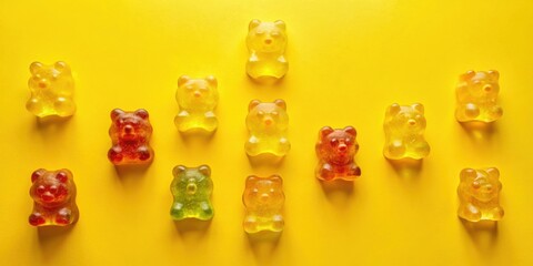 A delightful arrangement of assorted gummy bears on a vibrant yellow background