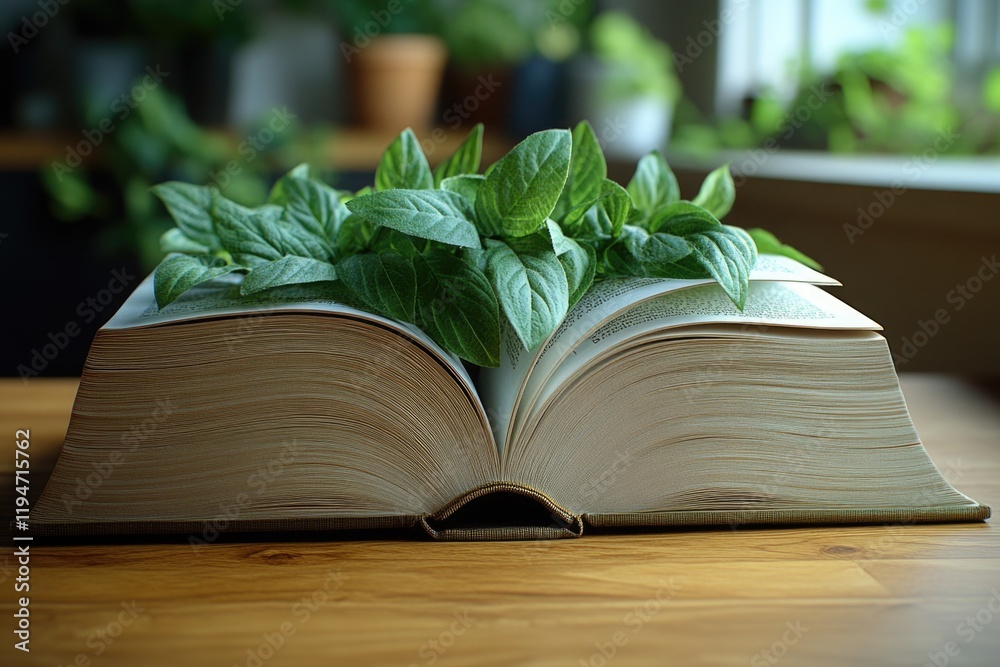 Poster a classic scene with an open book sitting on a wooden table, ready for reading or study