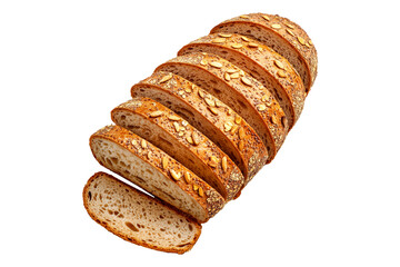 Sliced loaf of Multigrain bread topped with oats and almonds, isolated on white transparent background.