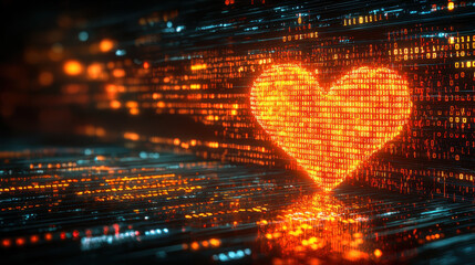 Glowing binary code shapes a heartbeat symbolizing data's pulse in digital technology