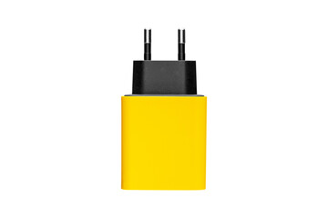 adapter for charger with USB and Type C connector, yellow, on isolated or white background close-up