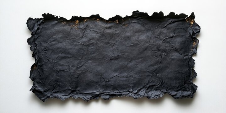 Charred dark paper with uneven edges placed centrally on a white background, offering ample blank space for text or design elements.
