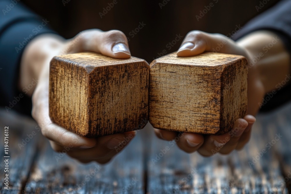 Poster a person holds two wooden building blocks, ready to start constructing something